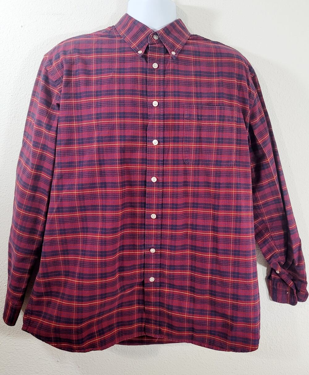 John Ashford Red Blue Plaid Button Up Collard Denim Shirt XL Tall Long Sleeves